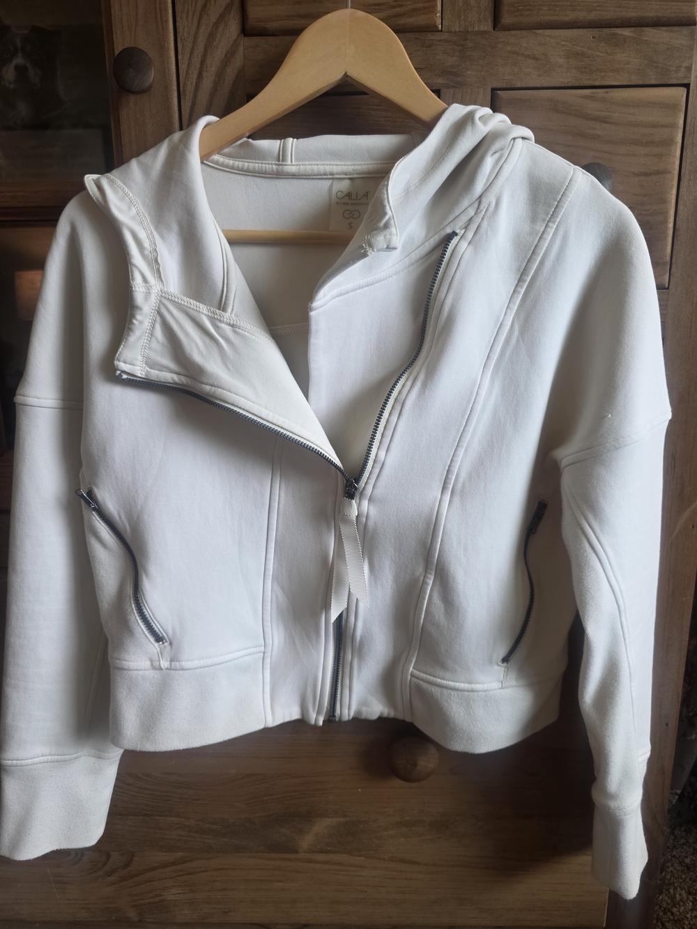 CALIA by Carrie Underwood Off-White Hooded Asymmetric Zip Bomber